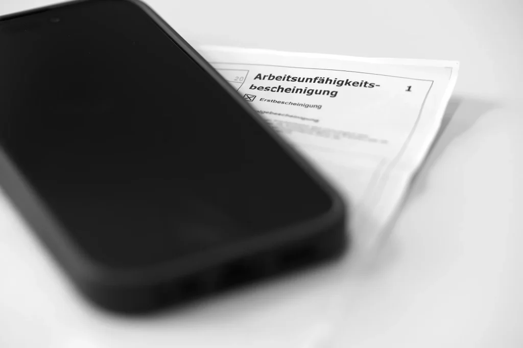 Was bewirkt die Vorsorgevollmacht bei Arbeitsausfall? - Foto: Handy auf Arbeitsunfähigkeitsbescheinigung Closeup